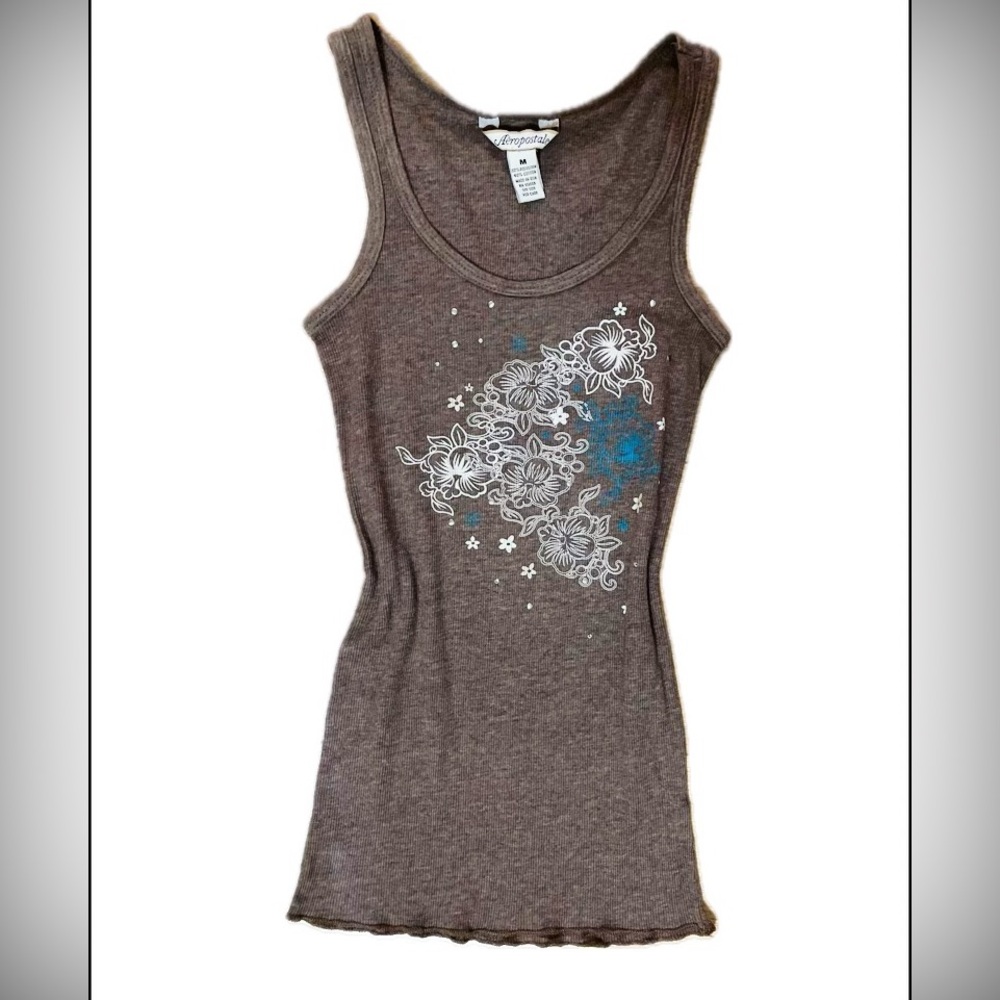 Y2K Aeropostale Brown Scoop Neck Tank with White Floral and Blue Accents